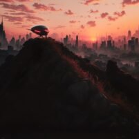 Retro Futuristic Sci-Fi illustrations and AI-generated retro dreamscape depicting a neon-lit cyberpunk future.
